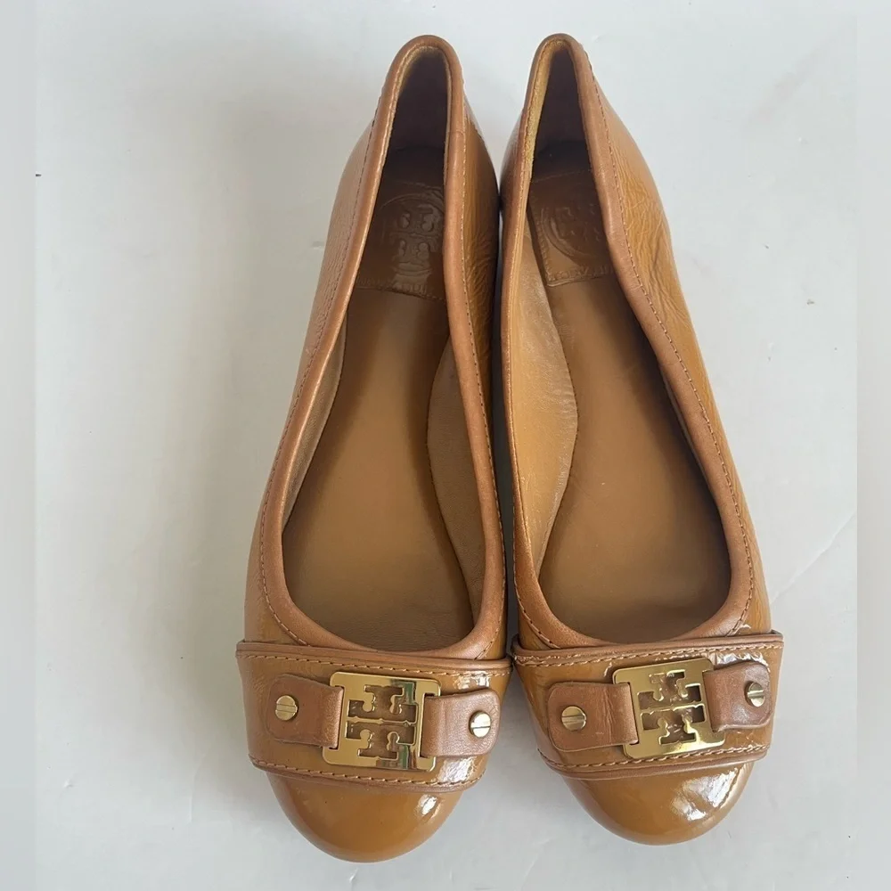 Tory Burch Clines Royal Tan Leather Ballet Flats Size 7M